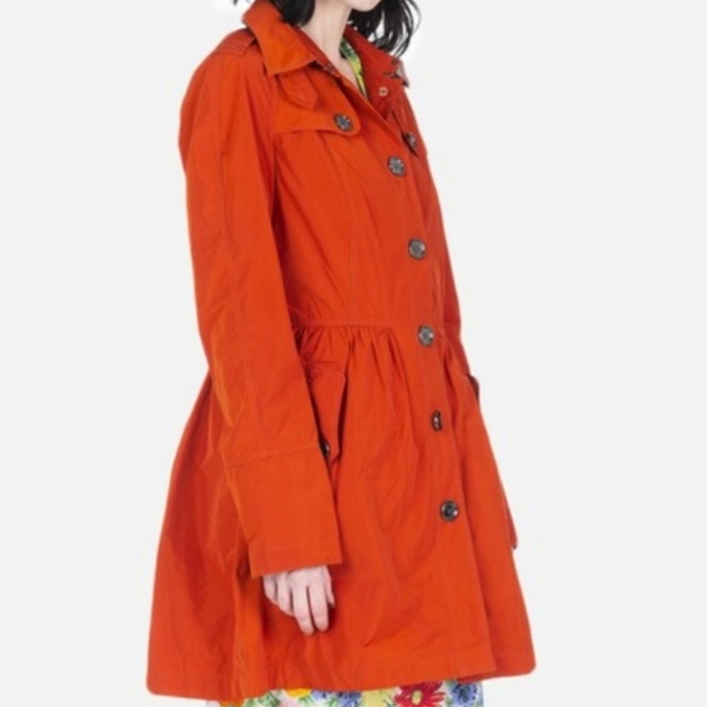 Burberry Polyester Orange Red Lightweight Mid Length Gathered Skirt Trench Coat